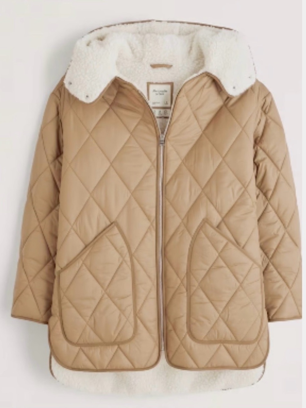 Abercrombie & Fitch Quilted Tan Puffer Jacket with White Sherpa Collar Sz Small